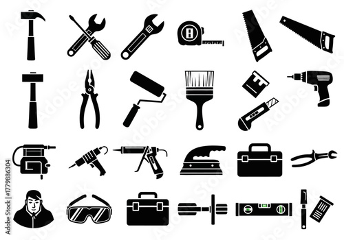 Industrial tool icon set 210, a versatile collection of solid black pictograms for construction, carpentry, and home improvement