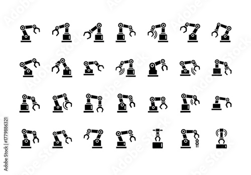 Robotic arm silhouette icon set. Vector symbols of industrial robots for manufacturing, assembly line technology, and smart factory automation