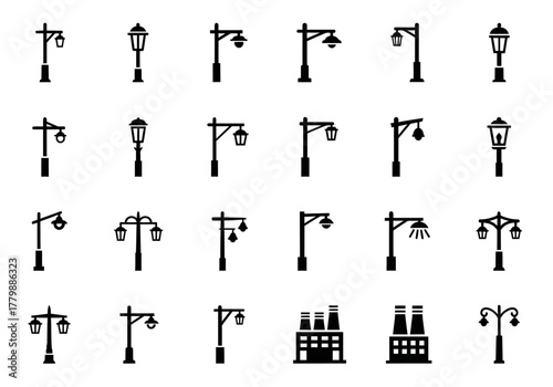 A comprehensive set of black silhouette icons featuring various urban streetlights, classic lampposts, and industrial factory buildings for city design