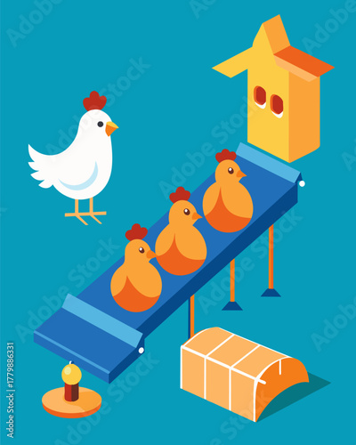 A group of chickens pecked at feed from a solarpowered feeder their eggs collected by a solarpowered conveyor belt.. Vector illustration