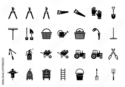 Agriculture equipment and garden tool silhouette icon collection. Vector graphic set for farming and horticulture concepts