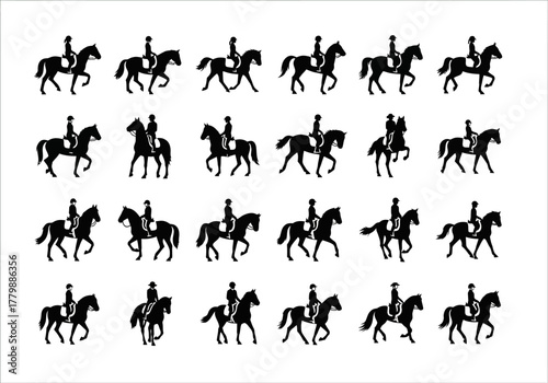 Set of equestrian sport silhouettes showing horse and rider dressage movements and gaits. Vector icon animation sequence, collection 2j (223).eps