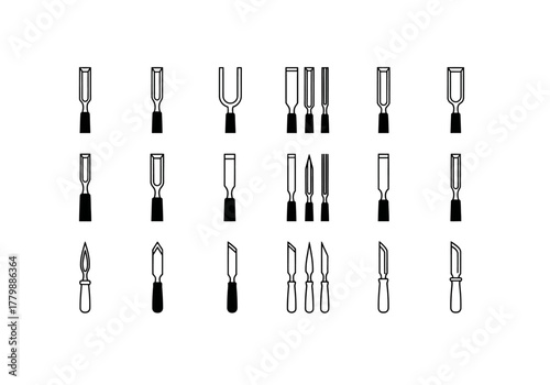 A vector graphic collection of woodworking and carving tool icons. Line art set of various chisels and knives for hobby crafts