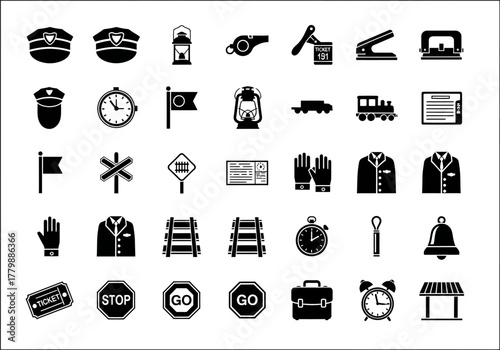 A comprehensive set of black and white railway icons, including train conductor symbols, station elements, and transport graphics
