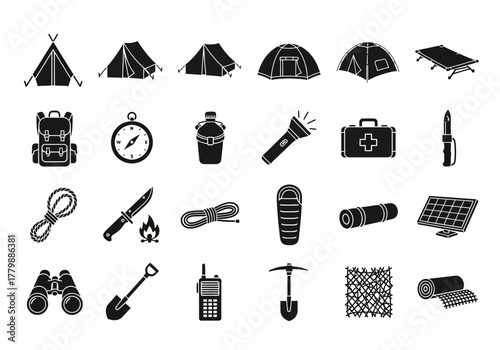 Set of black glyph icons for camping equipment, hiking gear, and outdoor survival tools isolated on a white background for adventure concepts