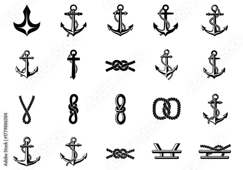 Collection of monochrome nautical symbols, including various ship anchors and marine rope knots. Vector graphic icon set isolated on white