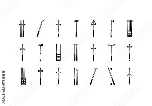 A versatile set of modern line art icons depicting various hand tools and equipment for work, construction, and farming projects