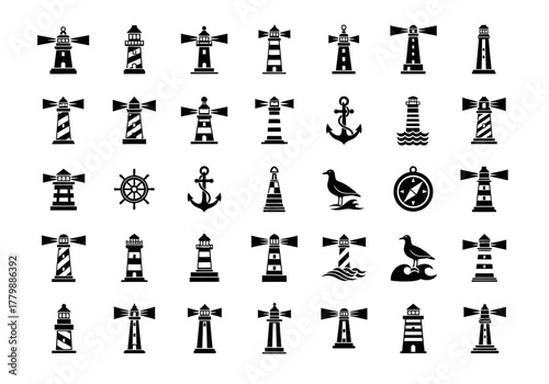 A diverse collection of black glyph icons featuring various lighthouse designs and other nautical symbols for maritime themes