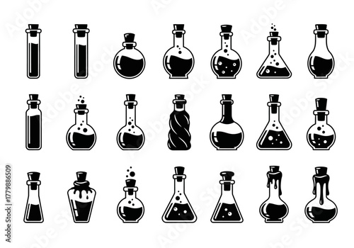 Vector icon set of various glass potion bottles and alchemy flasks. A collection of magical elixir vials and laboratory glassware silhouettes for design