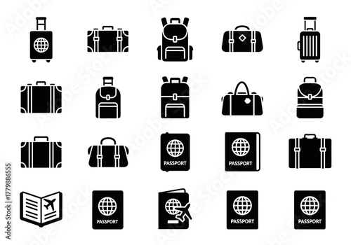 Collection of black glyph icons for travel, including luggage, suitcases, backpacks, and passports. Vector travel essentials set