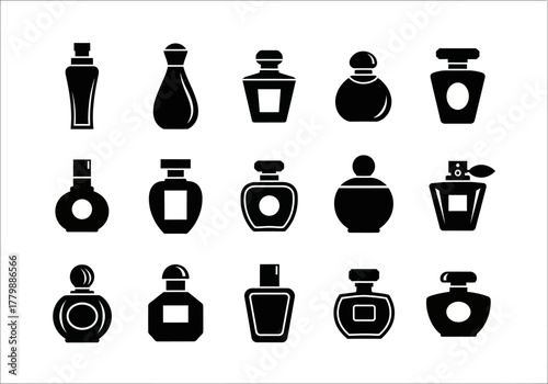A diverse set of monochrome perfume bottle silhouettes. Vector graphic collection of various fragrance and cosmetic container shapes