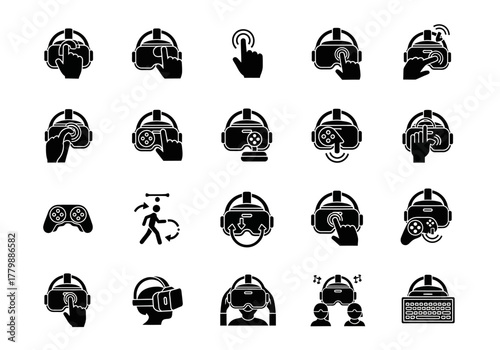 Virtual reality glyph icons collection. Black solid pictograms of VR headsets, game controllers, and user interaction for digital immersion 2j 273