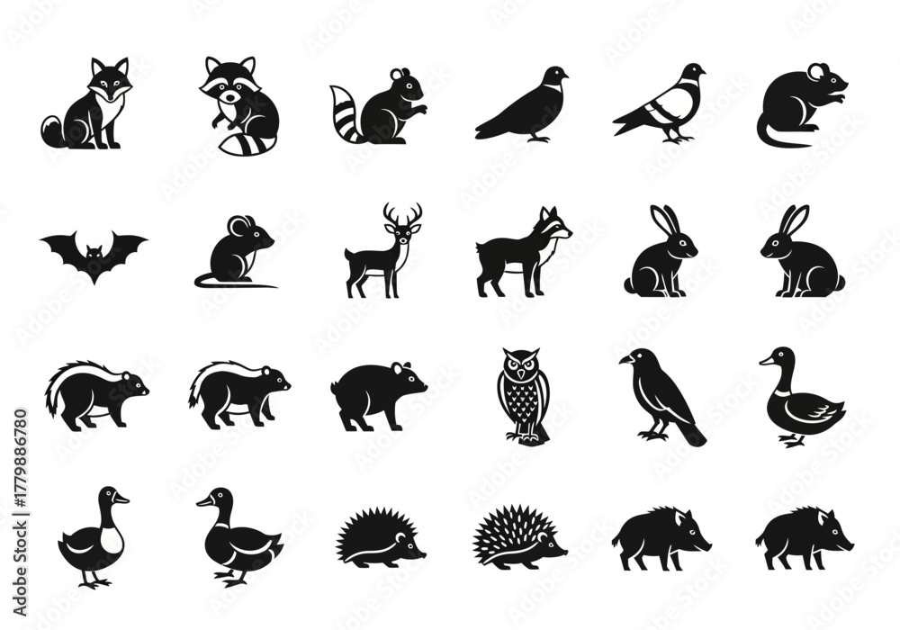 Obraz premium A diverse set of monochrome glyph icons featuring various forest and woodland animals. Vector silhouettes of wildlife for design projects