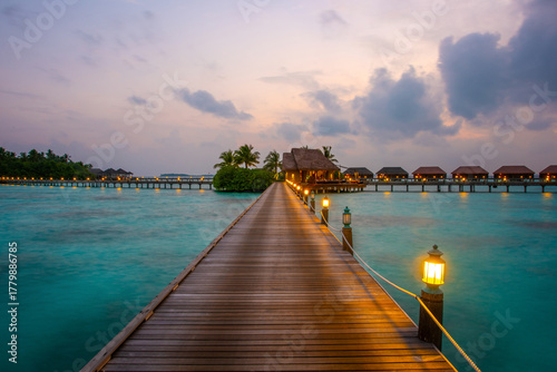 Fototapeta Naklejka Na Ścianę i Meble -  Tranquil closeup calm sea water waves with palm trees. Amazing sunset panorama. Tropical island beach landscape exotic shore coast. Summer vacation, holiday amazing nature. Relax paradise, Maldives.