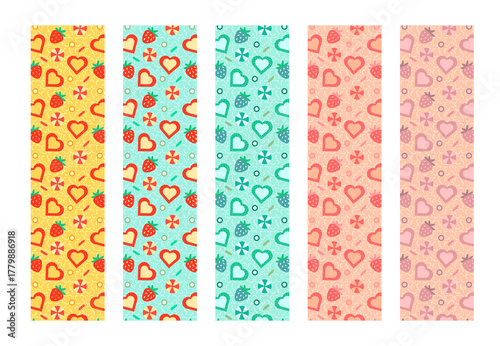 Set of printable bookmarks in five different colors. Colorful Valentine's day themed bookmarks with seamless pattern for book readers.