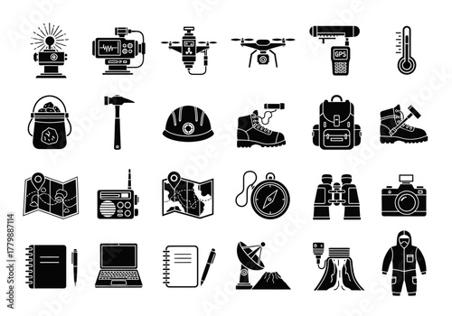Geology and scientific exploration equipment icon set. Solid glyph symbols for surveyor, volcanologist, and field research projects