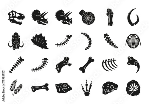 Monochrome vector icon set illustrating paleontology concepts with dinosaur skulls, fossils, bones, and prehistoric animal silhouettes