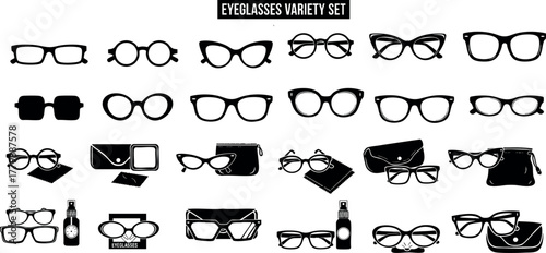 Eyeglasses variety set with classic round, square, cat eye, and aviator frames including eyewear cases and accessories vector illustration 