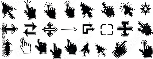Computer mouse cursor icons and pointer hand symbol set in black vector for interface and web design 