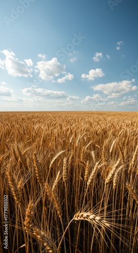 A vast, golden wheat field stretches toward the horizon under a bright summer sky. Ripe crops await the imminent harvest season, peaceful, wealth, bread