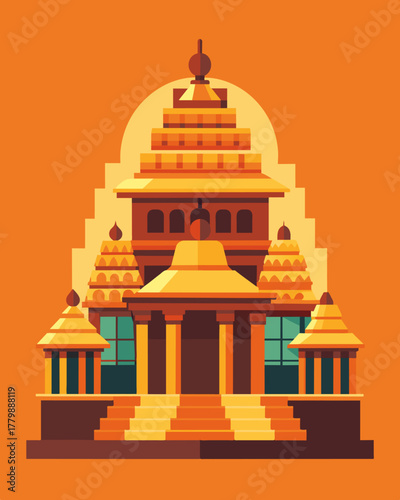A famous ancient temple its intricate carvings and traditional design now enhanced with hidden solar panels to provide sustainable energy for its activities.. Vector illustration