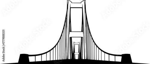 Illustration of a black and white suspension bridge silhouette

