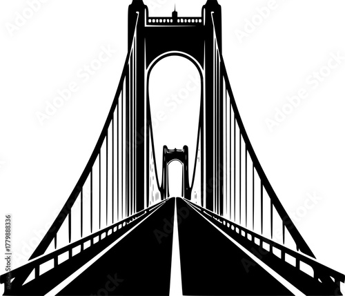 Illustration of a black and white suspension bridge silhouette

