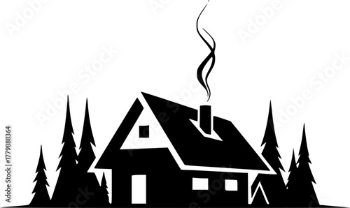 Silhouette of a cabin in the woods with smoke rising
