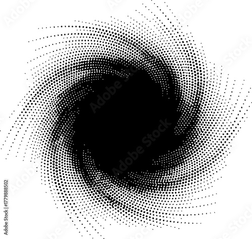 A swirling vortex of black dots on white background silhouette
