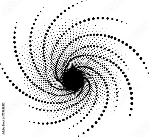 A swirling vortex of black dots on white background silhouette
