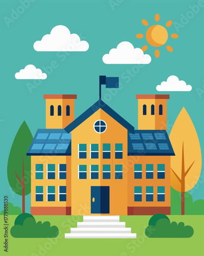 A college dormitory utilizing solar energy to power its security cameras and protect students living on campus.. Vector illustration