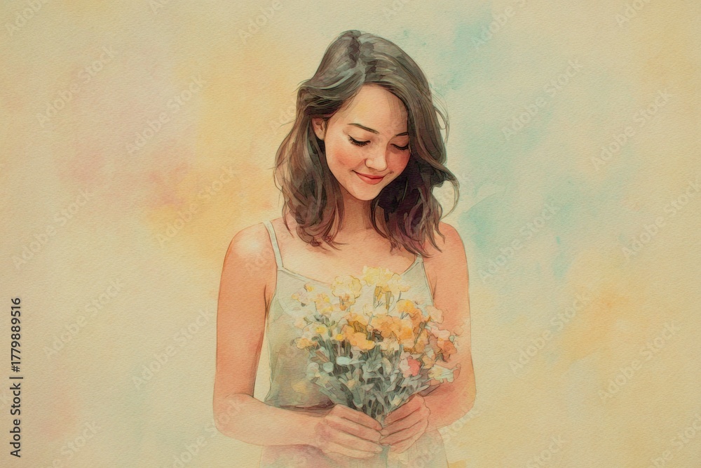 Fototapeta premium watercolor illustration of woman smiling softly holding flowers, soft pastel background, warm gentle feel