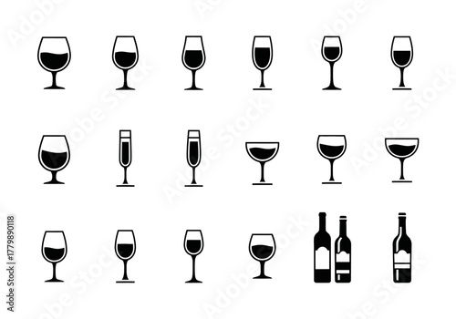 A diverse collection of black and white vector icons featuring various wine glass shapes and bottles, ideal for beverage menus and winery branding