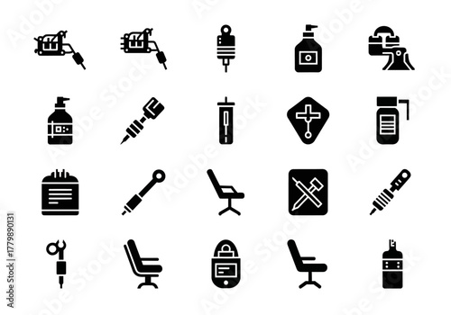 Black glyph icon set of professional tattoo studio equipment, artist tools, and parlor accessories