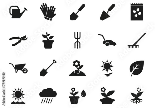 Simple glyph icon collection for gardening and agriculture. Vector symbols of tools, plants, and nature elements