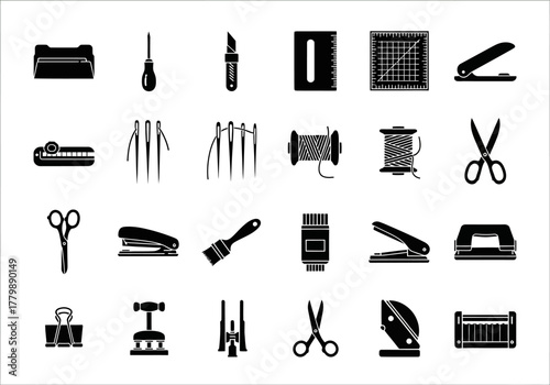 A comprehensive collection of solid black glyph icons representing various office and crafting tools for creative projects and business