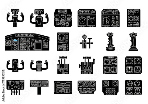 Monochrome collection of airplane cockpit control icons. Set includes flight instrument panels, yokes, throttles, and joysticks for aviation simulation design