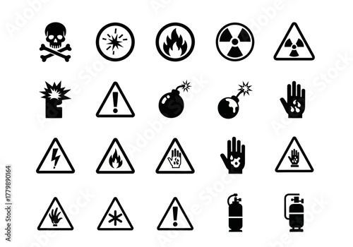 Hazard warning symbols icon pack, featuring toxic, explosive, and electrical risk pictograms on a white background