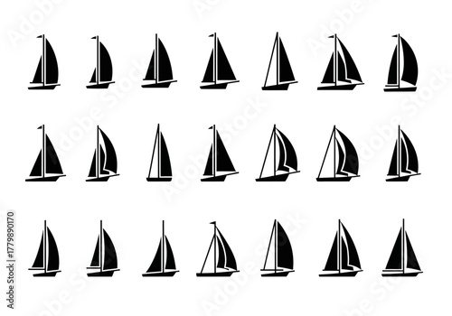 A comprehensive vector collection of black sailboat and yacht icons. Set of maritime symbols for regatta, sea travel, and nautical design elements