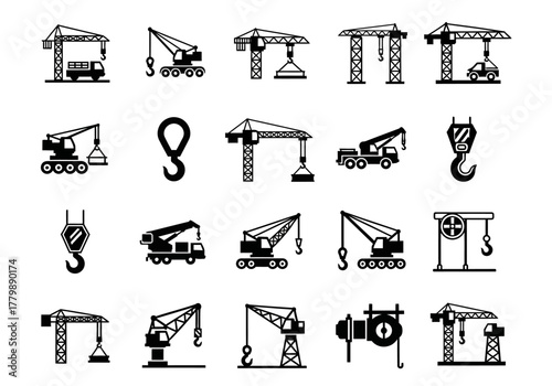 Vector collection of black crane icons, including tower cranes, mobile cranes, and hooks for construction industry graphics