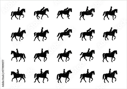 Repeating pattern of an equestrian horse and rider silhouette. A collection of black vector icons for sports and design themes
