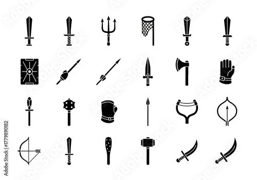 A comprehensive collection of black glyph icons representing historical weapons, armor, and gladiator combat equipment