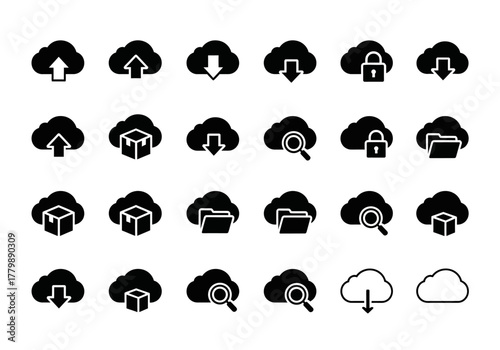 Cloud computing glyph icon set for data storage, including upload, download, search, and secure file management services
