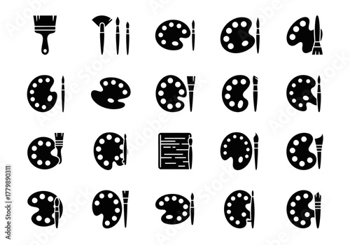 Artist tools icon set featuring various paintbrushes and painter palettes in a solid black glyph style, a collection for creative design projects