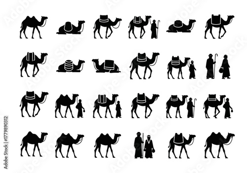 A collection of black silhouette icons showing camels and people in various poses. This vector set is ideal for representing desert travel, caravans, and historical themes