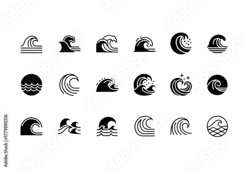 Wave icon set. A diverse collection of ocean and sea wave symbols, glyphs, and line art illustrations for logos and design