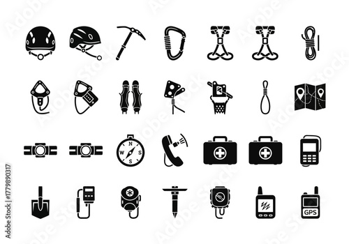 A comprehensive collection of solid black glyph icons representing mountaineering equipment, rock climbing gear, and safety tools for outdoor adventures