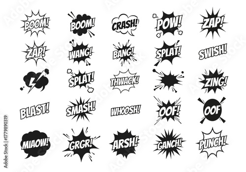 A versatile collection of classic black and white comic book sound effects, featuring pop art style onomatopoeia in vector speech bubbles