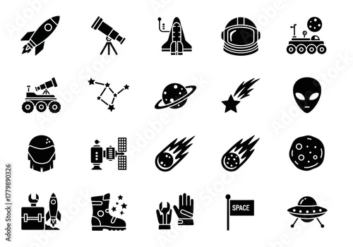 Space and astronomy solid glyph icon collection. Vector symbols of rockets, planets, astronauts, and celestial objects for web and print design
