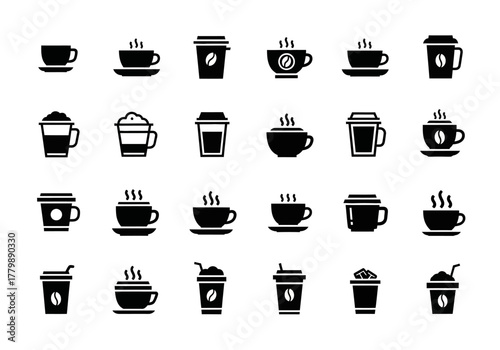 A diverse vector icon set of coffee cups and mugs in black. This glyph collection features various hot beverage symbols for cafes and drinks